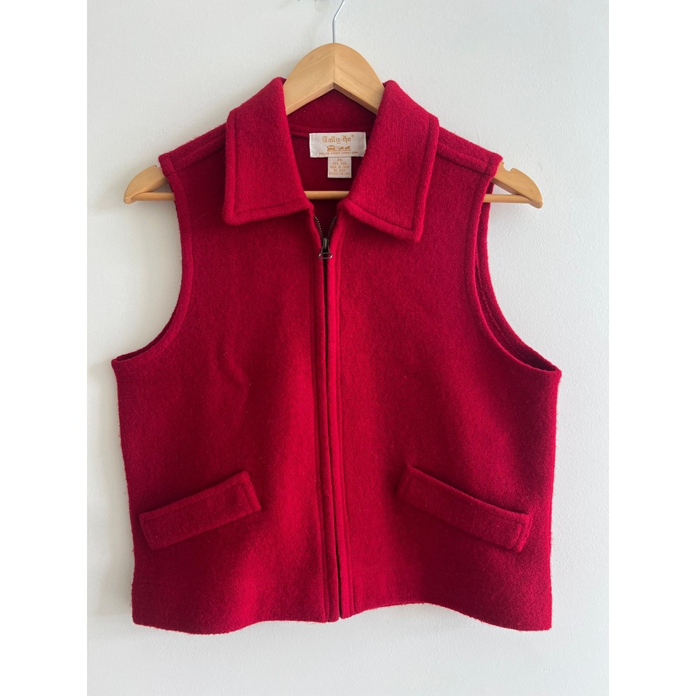 Vintage 70s Tally-Ho Crimson Red 100% Wool Zip Vest Cropped Old Money PS Preppy